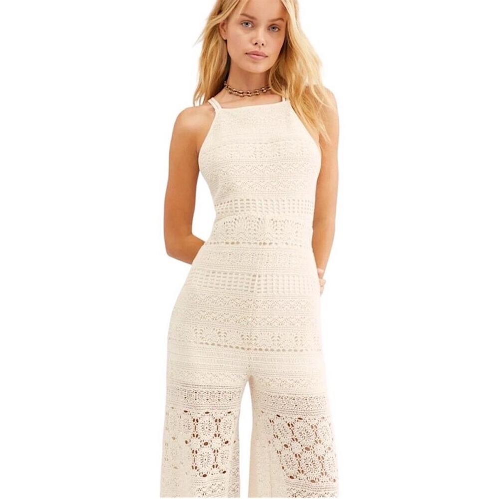 Free People Moon Bay Ivory Crochet Jumpsuit Sz Large - Picture 3 of 9